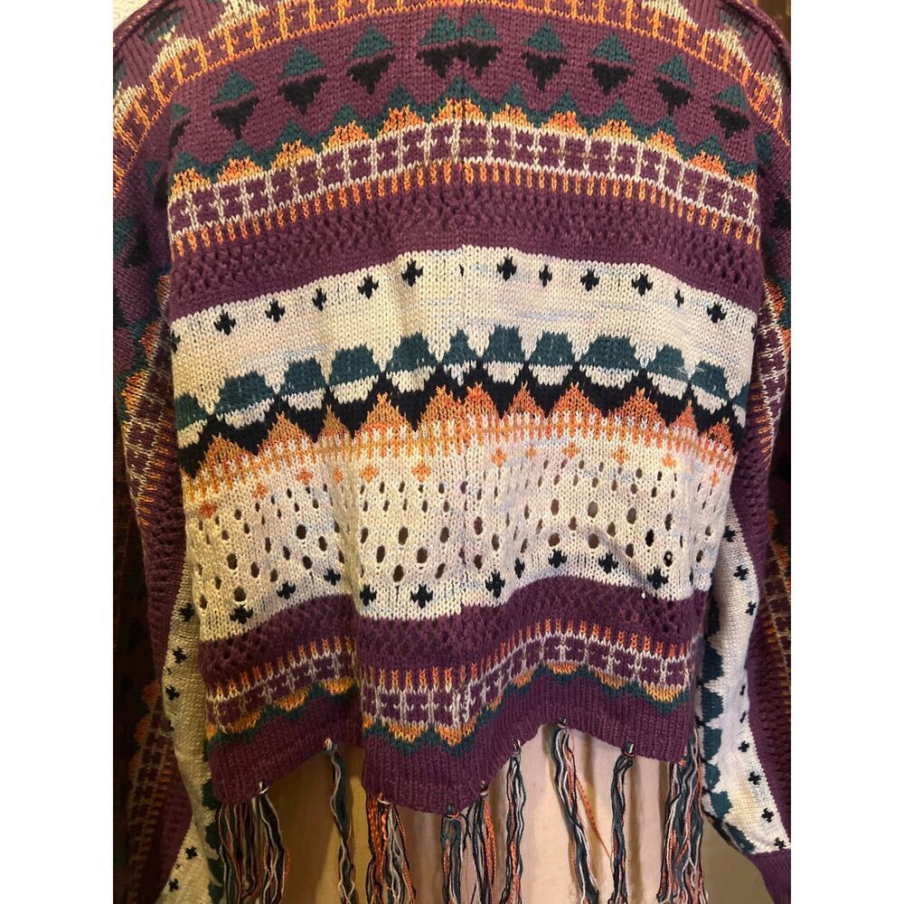 Boho Open Front Multicolor Fringe Hem Sweater Cardigan NWT Size M - Picture 9 of 12